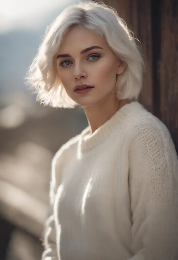 ((Masterpiece), best quality, HDR,UHD,8K), expressive eyes, perfect face, 1girl, solo, medium white bob hair with tiny pigtails and long side-swept bangs, black eyes, white skin, white sweater,