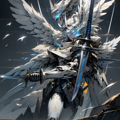 masterpiece,bestquality,highlydetailed,ultra-detailed,extremely detailed CG unity 8k wallpaper,illustration,mechpp,no humans,robot,mecha,(wings:1.3),(holding:1.3),(weapon),(((holding weapon))),(glowing:1.2),(blue eyes:1.1),solo,glowing eyes,(sword:1.2),(dy...
