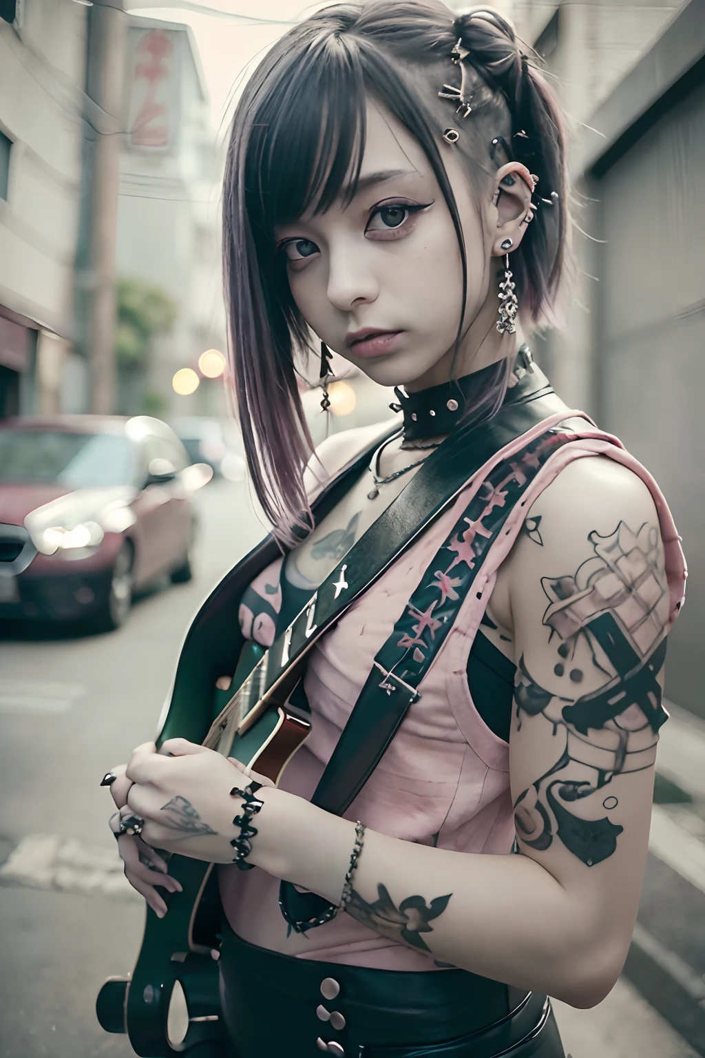 Mohican、、goth、(masutepiece), (Portrait), (Aesthetic), (Beautiful), (upper blody), (High quality), (aesthetic clothings), (professional angle), (thirds rule), (Feminine), (Woman), (Female), (Beautiful),(Feminine features), (25-years old), Solo, 1 woman, (Charming punk girl), Winters, Dramatic light, ((Playing guitar)), (Standing), Edgy makeup, (Small bust), ((electric guitar)), (Front face), (Defiant expression), ((defiance)), (Leather jackets and tattoos), ((Short hair)), (dyed (E.G. and pinks) hair), (spiky hair), (Thick hair), Matte Shine Hair, (Hair bands scattered in the hair), (Green eyes), (Bold and bold look), (pale skin), (Dark clothes), (Band T-shirt), (Ripped jeans), (-), crew neckline), ((Urban alley background)), (up close shot), Beautiful hands, Two hands, normal hands, Two arms, complete hands, Beautiful body, Beautiful fingers, normal fingers, Five Fingers, Five Fingers, (Thumb index finger ring finger), Beautiful ears, normal ears, Beautiful eyes, shiny eyes, Beautiful mouth, Beautiful lips,