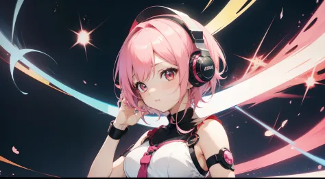 girl with pink short hairstyle with microphone on singer、eyes large、kawaii、headphones、super delicate、​masterpiece、high-level ima...