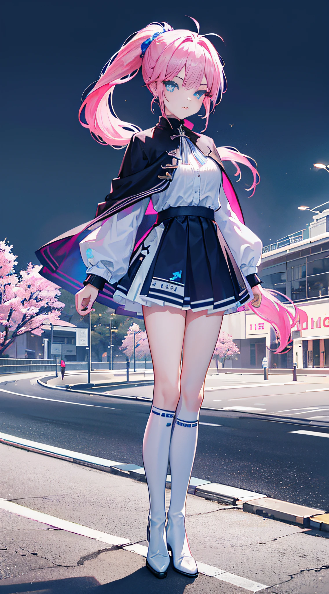 (best quality,4k,high resolution, masterpiece:1.2), ultra-detailed, a girl with vibrant pink hair and blue eyes, with a lively ponytail, standing by the roadside, (beautiful detailed eyes, sparkling eyes full of excitement:1.1), (long double ponytails:1.1), wearing a white suit, black short cape, blue ankle boots, and white socks