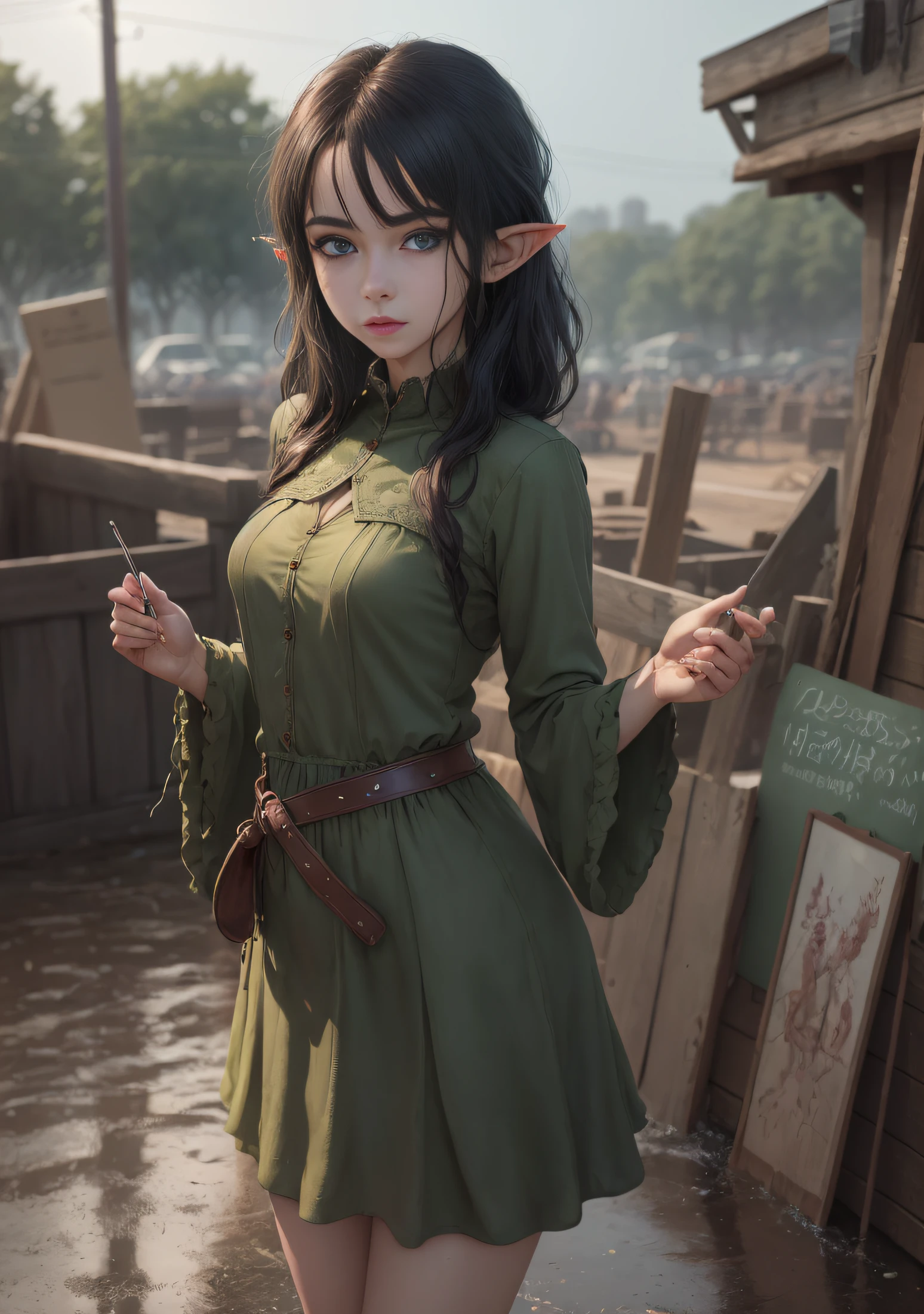 The elf stands and looks at the camera, A girl stands at a fair in the rain, heavy rain, blue eyes and dark hair, pony tail, face mask, wet clothing, dark sky, Thin, Wet waist, Slender figure, Appearance of the model, confusion, sexuality, pixie, elf ears, Beautiful ears, green colored eyes, little chest, wet clothing, (Clothes shine through), (visible through clothes), Elf Girl, Sweet girl, attractive anime girl, beautiful anime girl, Cute beautiful anime woman, detailed digital anime art, beautiful anime girl, beautiful anime girl, Anime with small details, Best Quality, Masterpiece, Ultra-detailed, Beautiful, hight resolution, Original,CG 8K ультрареалистичный, perfect artwork, beatiful face, Face Clean, Skin, hyper realistic, Ultra Detailed, A detailed eye, dramatic  lighting, (Realistic) Realistic, Full HD, Best Quality, Best Quality, Beautiful lighting, (8k wallpaper of extremely detailed CG unit), High Details, sharp-focus, The art of dramatic and photorealistic painting, bare leg,