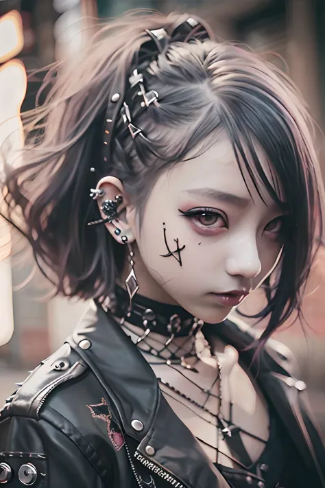 punk girl、Tosaka、No mohawk sleeves、The tattoo、head phone、🎧、goth_punk, 1girl in, 独奏, medium shot, Walking in Harajuku, ((during n...