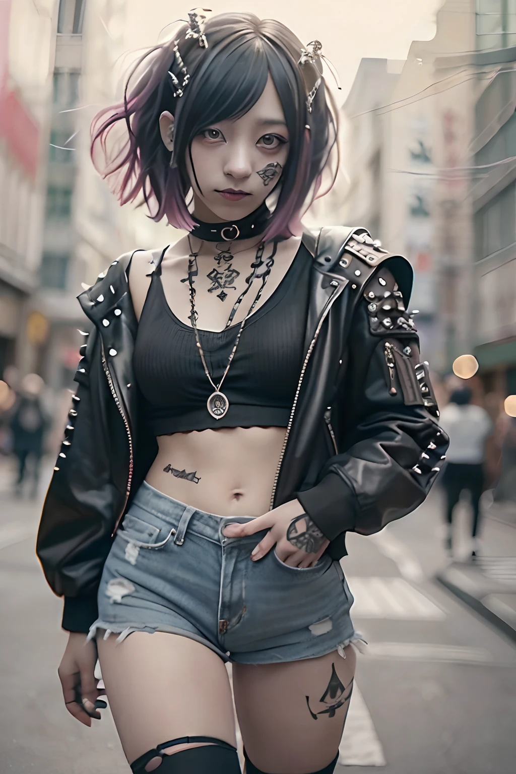 punk girl、Tosaka、No mohawk sleeves、The tattoo、head phone、🎧、goth_punk, 1girl in, 独奏, medium shot, Walking in Harajuku, ((during night)), bokeh dof, Neon light, Iridescent eyes, starrysky, red glowing hair, Black eyebrows, Radiant hair, (iridescent red hair), 耳Nipple Ring, bangss, jewely, masks, bluntbangs, verd s eyes, Mouth mask, blurry backround, bblurry, hair adornments, Look at viewers, shorth hair, portraitures, side locks、goth、(masutepiece), (Portrait), (Aesthetic), (Beautiful), (upper blody), (High quality), (aesthetic clothings), (professional angle), (thirds rule), (Feminine), (Woman), (Female), (Beautiful),(Feminine features), (25-years old), Solo, 1 woman, (Charming punk girl), Winters, Dramatic light, ((Playing guitar)), (Standing), Edgy makeup, (Small bust), ((electric guitar)), (Front face), (Defiant expression), ((defiance)), (Leather jackets and tattoos), ((Short hair)), (dyed (E.G. and pinks) hair), (spiky hair), (Thick hair), Matte Shine Hair, (Hair bands scattered in the hair), (Green eyes), (Bold and bold look), (pale skin), (Dark clothes), (Band T-shirt), (Ripped jeans), (-), crew neckline), ((Urban alley background)), (up close shot), Beautiful hands, Two hands, normal hands, Two arms, complete hands, Beautiful body, Beautiful fingers, normal fingers, Five Fingers, Five Fingers, (Thumb index finger ring finger), Beautiful ears, normal ears, Beautiful eyes, shiny eyes, Beautiful mouth, Beautiful lips,