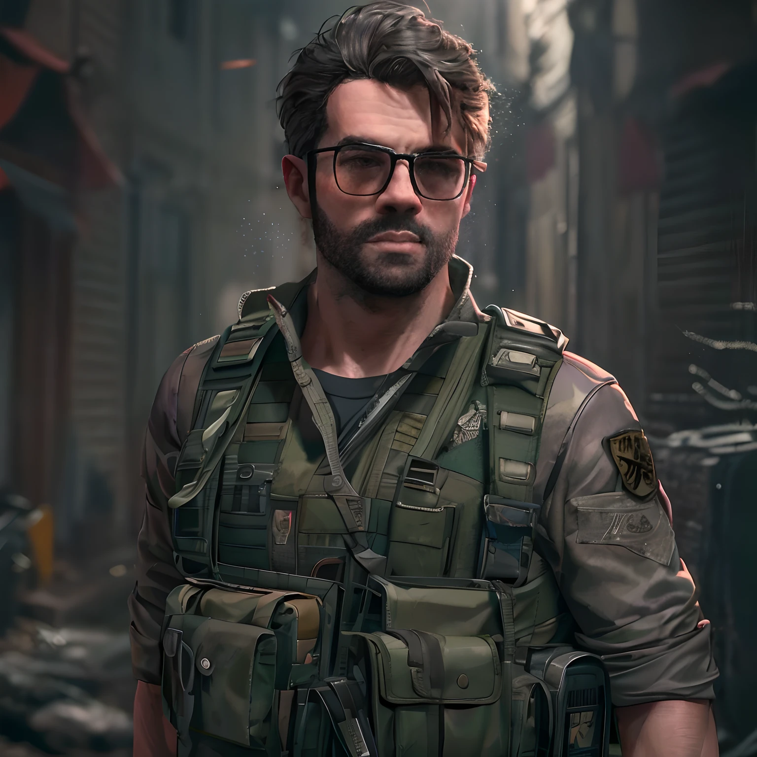 Arte Cinematográfica en ((parte superior do corpo)) representando um personagem masculino inspirado em Resident Evil vestido como CSGO, Contra-ataque: OFENSIVA GLOBAL, Trajes e acessórios. Esta obra-prima deve ser renderizada em 3D com qualidade excepcional, Alcançando uma resolução de 8K e enfatizando detalhes intrincados, deve estar na pose de um herói, segurando uma granada, e vestindo um colete militar e óculos com detalhes minuciosos. A composição da imagem deve ser centralizada, destacando a expressão do personagem e a riqueza de detalhes. Adicionalmente, Considere criar esta arte como arte de alta resolução (8K) ilustração adequada para adesivos do Telegram, mantendo os requisitos de design do Telegram em mente. Esta impressionante representação de um homem de Resident Evil em estilo cinematográfico atenderá aos mais altos padrões de qualidade e detalhes ((pivalora))