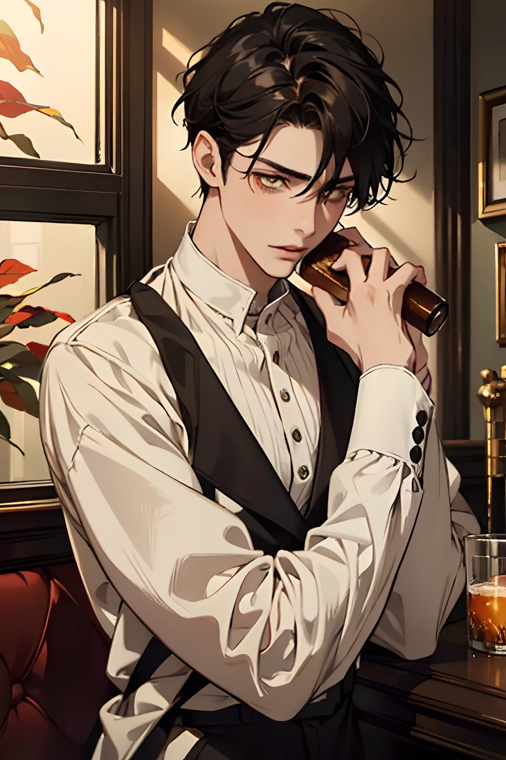 A clear and sharp focus, in a realistic portrait style with warm colors and soft lighting. (best quality, masterpiece: 1.2), 1 man, teenager, sexy, with black hair, yellow eyes, red lips with pale skin tone and dark circles having a drink in a bar, with serious expression, dressed in autumn clothes, Detailed face and sharp focus, portrait style, realistic, photorealistic: 1.37, warm colors, soft lighting.