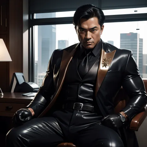 50 years old,daddy,shiny suit sit down,k hd,in the office,muscle, gay ,black hair,asia face,masculine,strong man,leather gloves