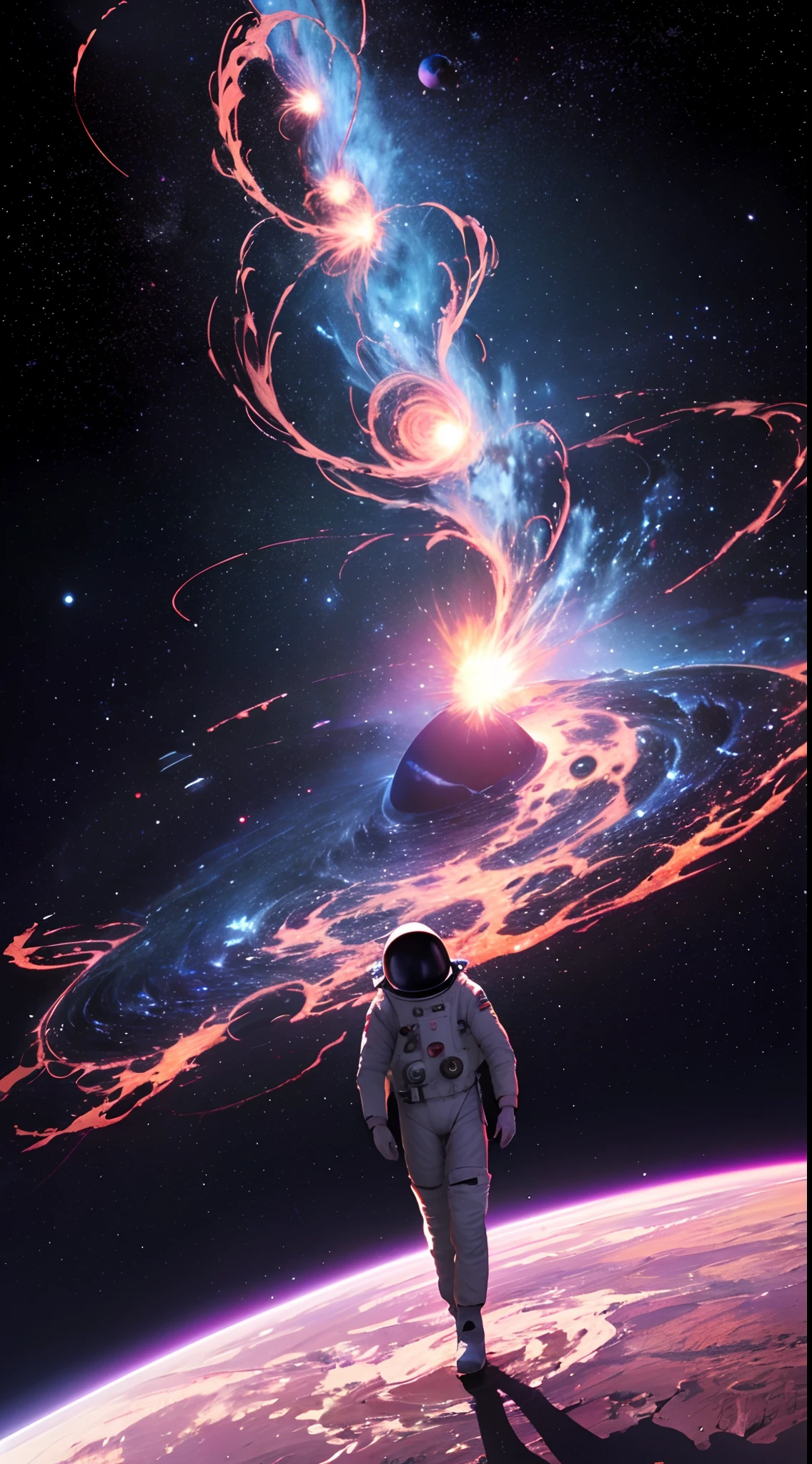 (A girl,Solo,Cowboy shot,a Astronauts in spacesuits floating on a spacecraft surrounded by planets,Behind a highly complex spacecraft,Biomechanical style:1.35),(Blown high in the sky by the interstellar wind,Travel through the universe,Its passengers are a jumble crew of alien life forms,Wear an astronaut suit,Seek knowledge and answers on the vast planet:1.2),The sky above him cracked,A river of fire overflows like a dying star,A white dwarf,neutron star,black hole,Give up the last respite, Heralding a new era of life,Balkcon,Tentacle,todos vendo olho,Cable wool,Space plants,Space nematodes,Space travelling, Space travelling, psychedelic illustrations,Cosmic portal – The swirling mass of a black hole acts as a gateway to another dimension, Distorted time and space as we know it,
