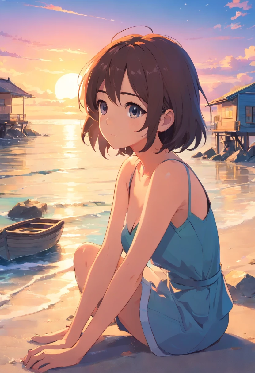 Chica anime sentada en la playa con un barco al fondo. - SeaArt AI