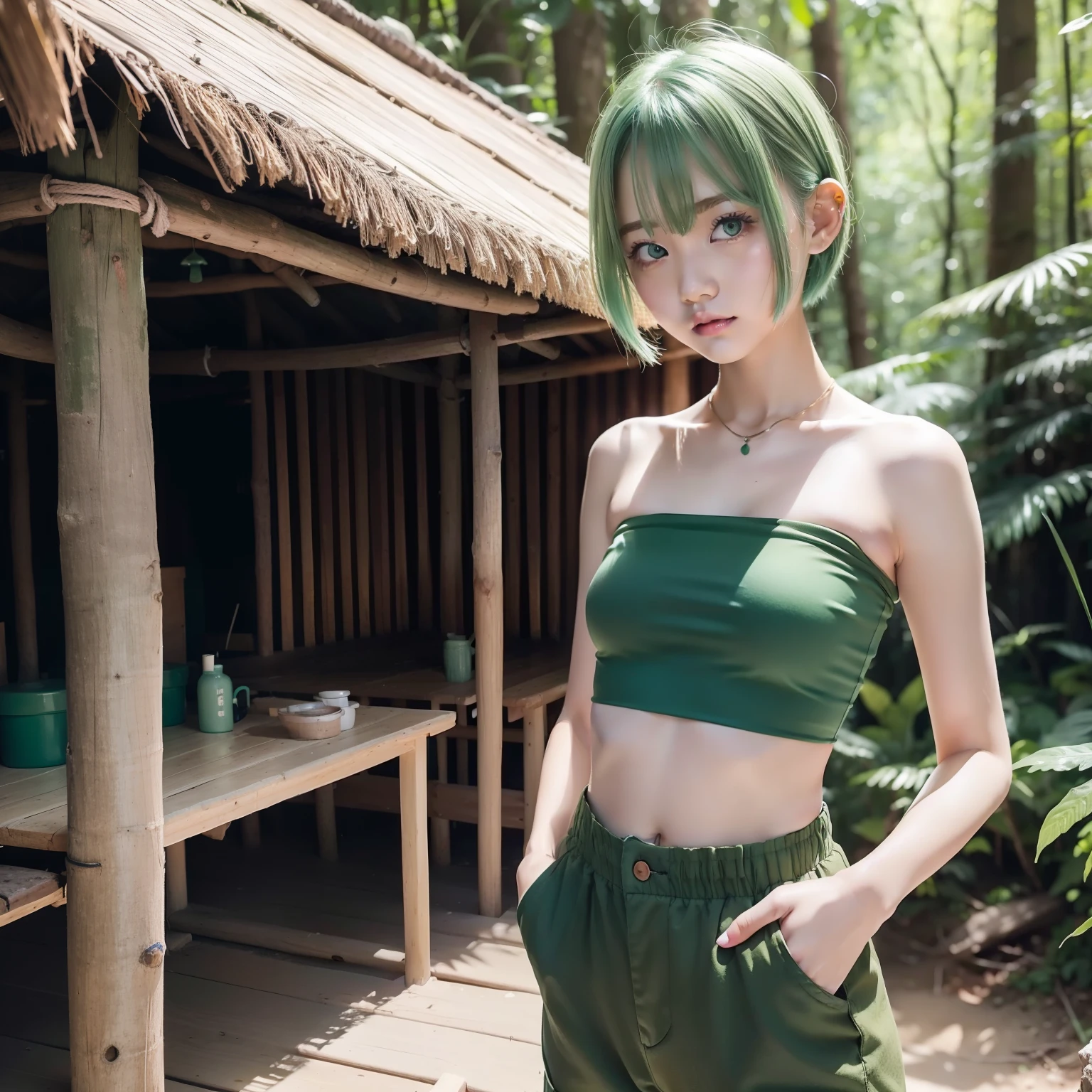 Araffe girl with green hair and green pants posing for a picture - SeaArt AI