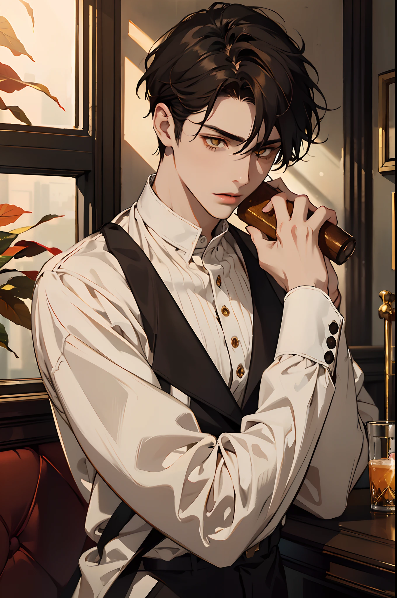 A clear and sharp focus, in a realistic portrait style with warm colors and soft lighting. (best quality, masterpiece: 1.2), 1 man, teenager, sexy, with black hair, yellow eyes, red lips with pale skin tone and dark circles having a drink in a bar, with serious expression, dressed in autumn clothes, Detailed face and sharp focus, portrait style, realistic, photorealistic: 1.37, warm colors, soft lighting.