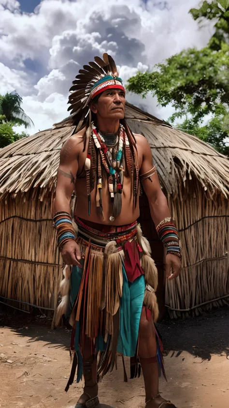 Arafed man in native costume standing in front of a hut, indigenous man, Um guerreiro nativo americano, Guerreiro nativo america...
