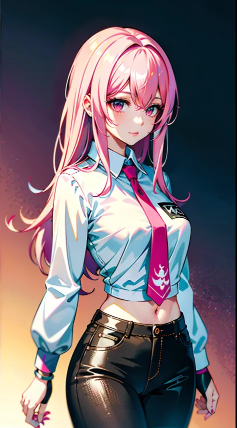 anime girl with pink hair and a white shirt and black pants, seductive anime girl, guweiz on pixiv artstation, attractive anime ...