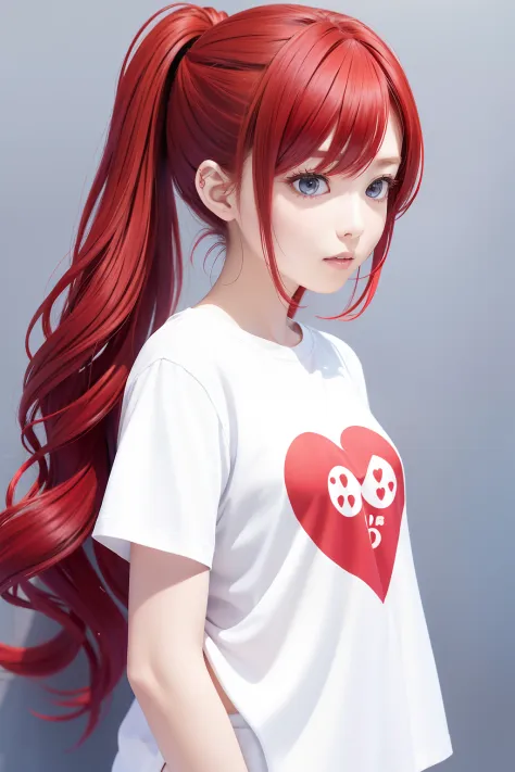 from the front side、Red hair、Long hair、Side tail、bustshot、Hair tied at the side、Princess、White T-shirt、Straight face、Looking fro...