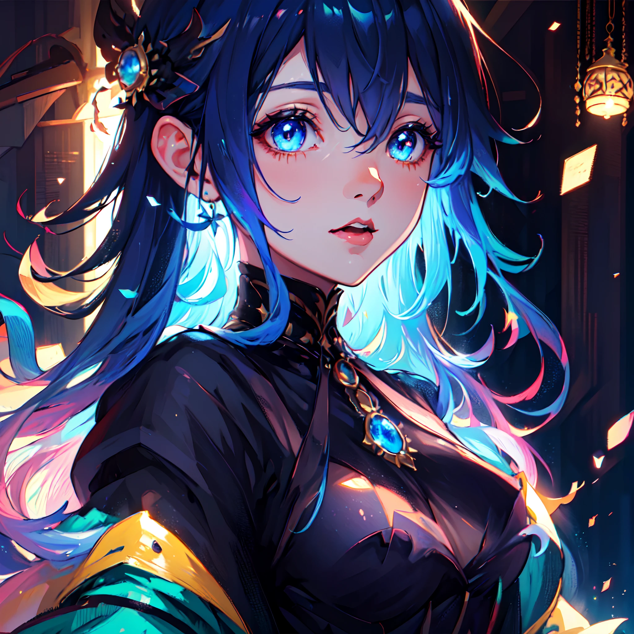 Ultra-detailed anime-style illustration of a beautiful vampire woman with iridescent eyes, Pale skin, Acuarela cabello azul profundo oscuro, tocado, Victorian gothic dress, destello de lente, profundidad de campo, Efecto Bokeh, retroiluminado, elegantee, elegante, impresionante, visualmente rico, Luces planas, colores planos, El sombreado, Arte de Best Anime Studios, por MSchiffer, 32k resolution, La mejor calidad, Ink lines, Focus on blue.