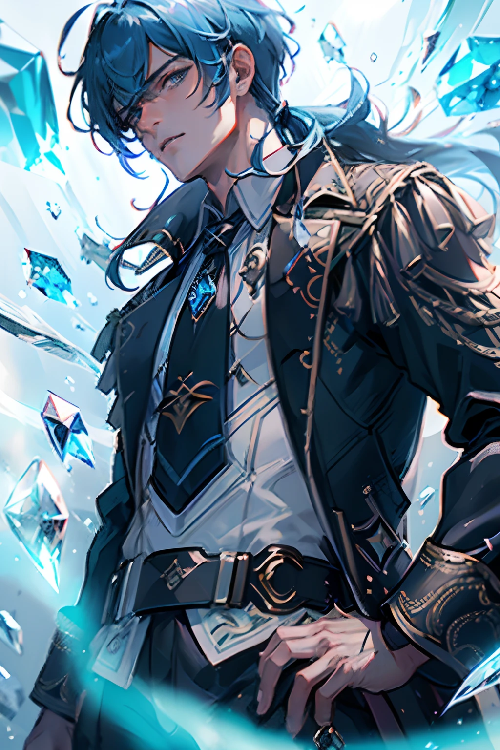 Anime - style image of a man with blue hair and a black jacket - SeaArt AI