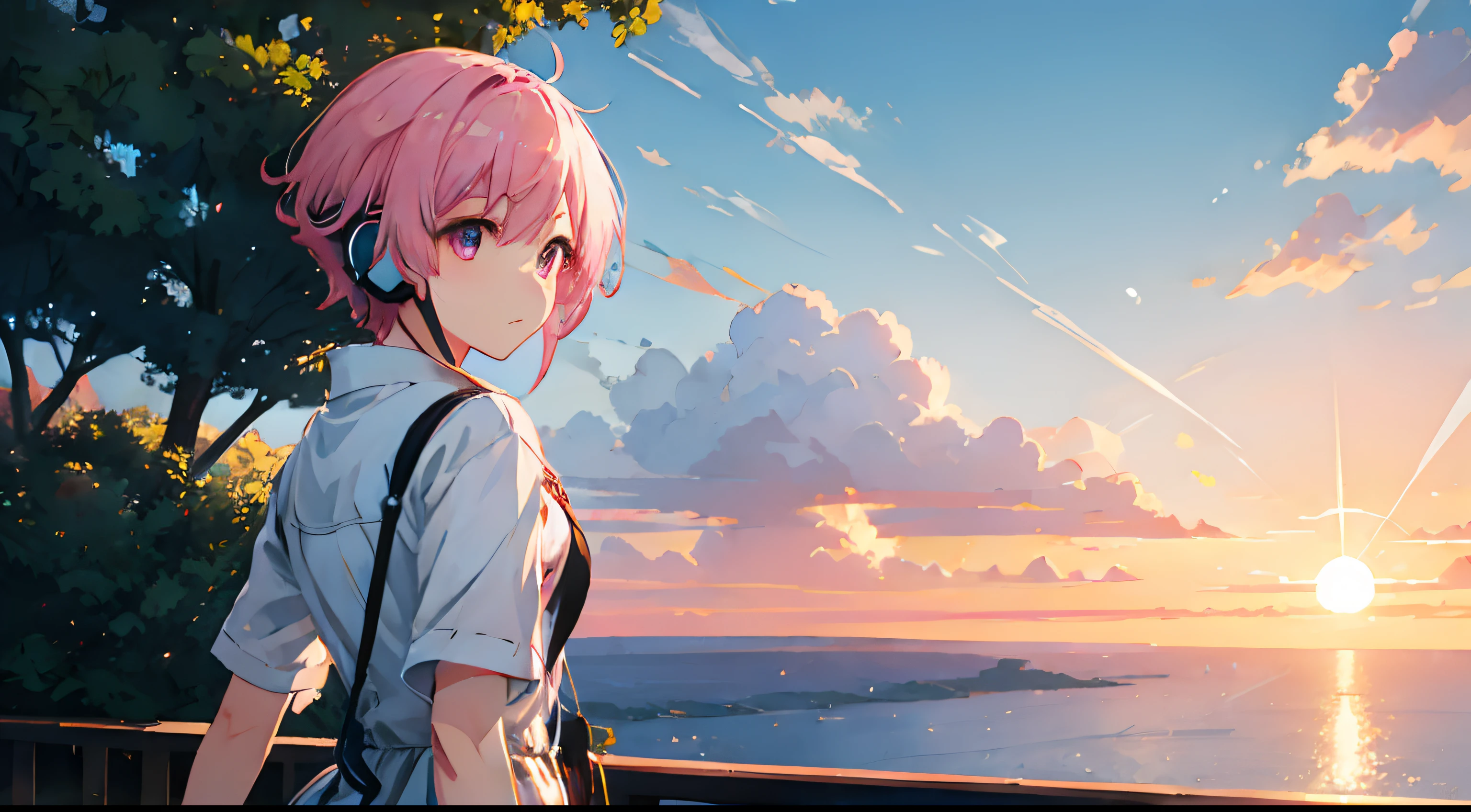 Large grasslands、landscapeovie stills、Sea、Sunset in the city（Spark：0.7）、Scenery like Makoto Shinkai、pink shorth hair、Pink eyes、headphones、kawaii、Hair is short、short-cut、eyes large、