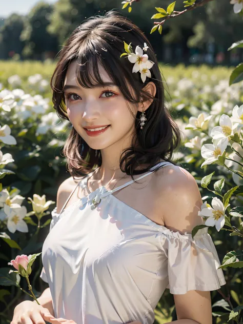 best quality, masterpiece, ultra high res, (photorealistic:1.4), raw photo, 1girl, white dress, off shoulder, blossom flower fie...