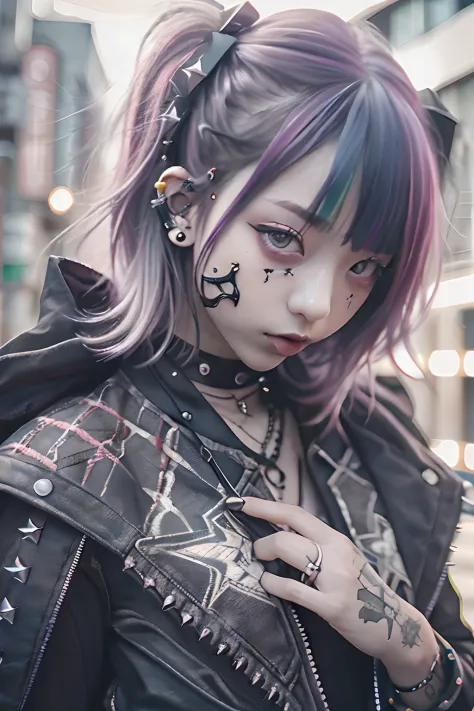 straight haired、Punk Girl、Tomisaka、Without mohawk sleeves、The tattoo、head phone、🎧、goth_punk, 1girl in, 独奏, medium shot, Walking ...