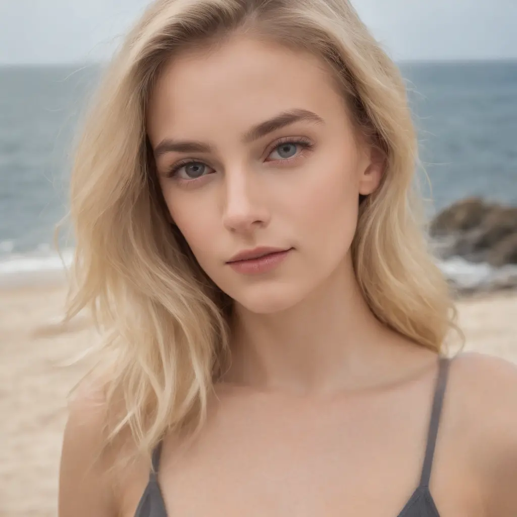 Hyperrealistic selfie-like portrait of a blonde 19-year-old woman, pelo largo, raza aria, ojos azules casi grises, delgada, altamente bonita, cara ultradetallada, small breasts, luz en la cara, in swimsuit, con fondo de una playa,