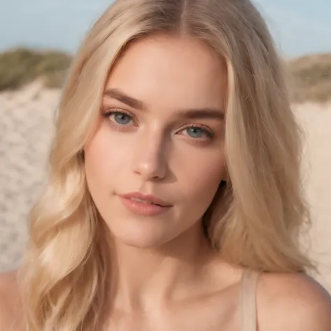 Hyperrealistic selfie-like portrait of a blonde 19-year-old woman, pelo largo, raza aria, ojos azules, delgada, altamente bonita, cara ultradetallada, small breasts, luz en la cara, in swimsuit, con fondo de una playa,