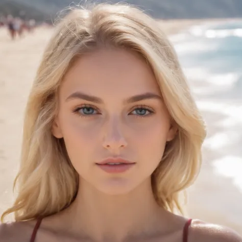 Hyperrealistic selfie-like portrait of a blonde 19-year-old woman, pelo largo, raza aria, ojos azules, delgada, altamente bonita, cara ultradetallada, small breasts, luz en la cara, in swimsuit, con fondo de una playa,