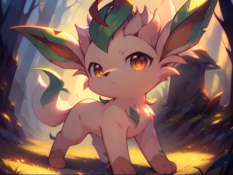forest, (chibi)
((Leafeon)), [[yellow_body, Sharp_tail，Light green hair]], (((quadruped, feral, canid, canine))), hind_limbs, (p...