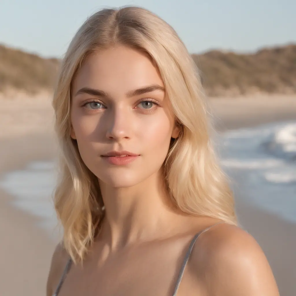 Hyperrealistic selfie-like portrait of a blonde 19-year-old woman, pelo largo, raza aria, ojos azules, delgada, altamente bonita, cara ultradetallada, small breasts, luz en la cara, desnuda, con fondo de una playa, dia muy soleado.