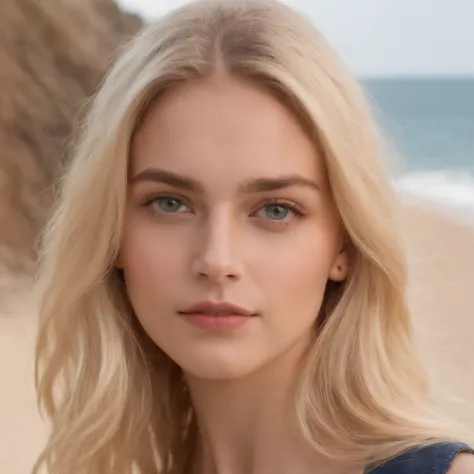 Hyperrealistic selfie-like portrait of a blonde 19-year-old woman, pelo largo, eslava, ojos azules, delgada, altamente bonita, cara ultradetallada, small breasts, luz en la cara, desnuda, con fondo de una playa, dia muy soleado.