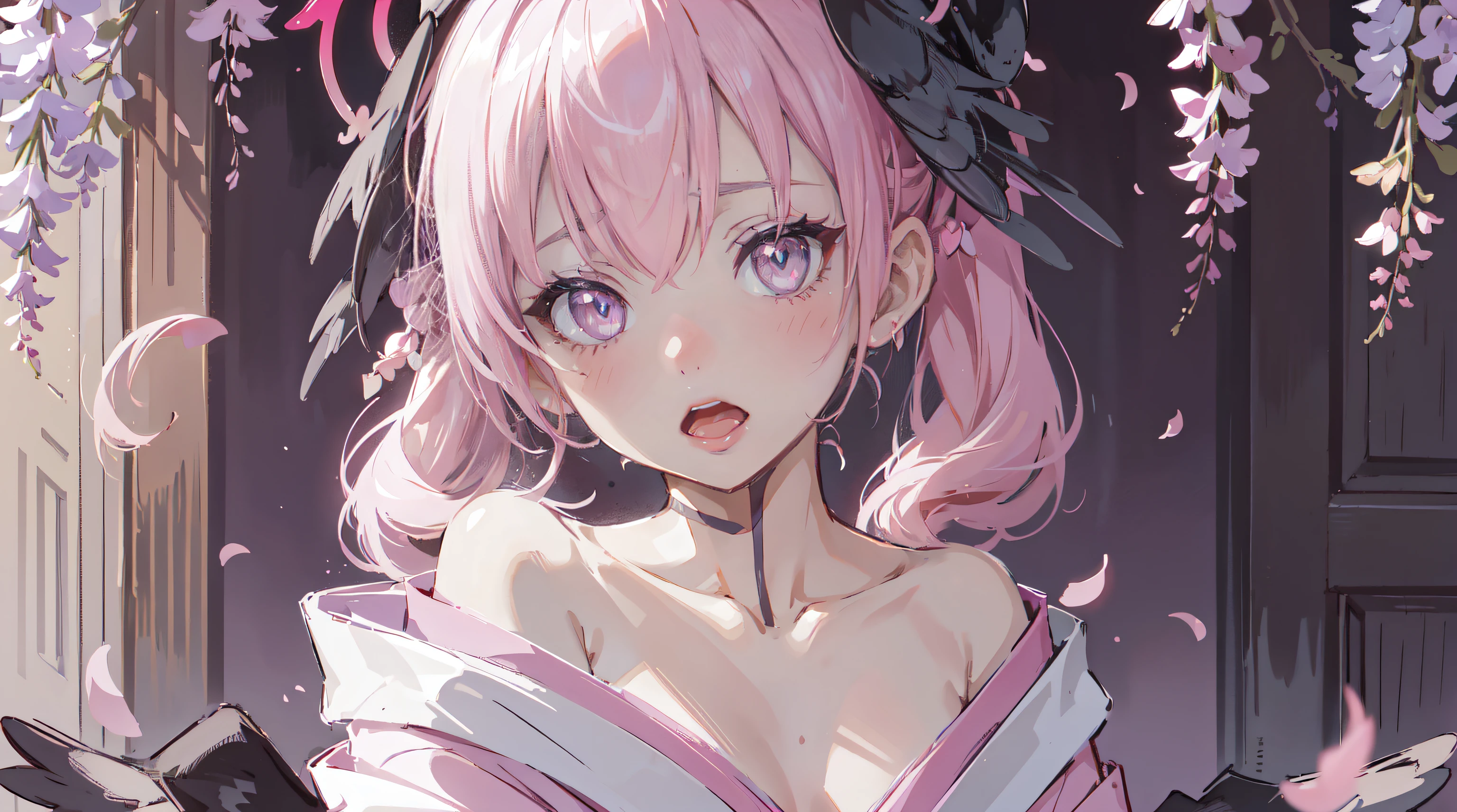 Anime girl with pink hair and black gloves holding a black bird - SeaArt AI