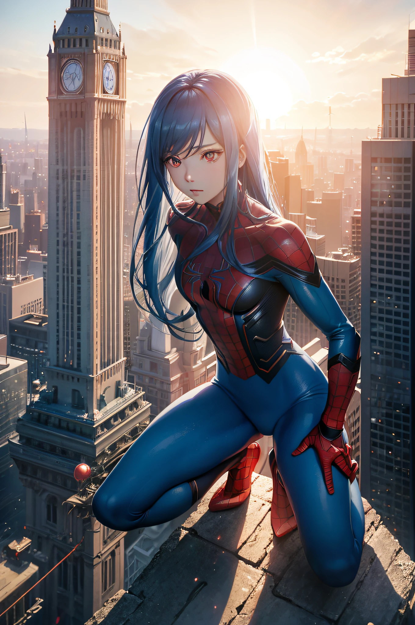 symple background、City view from above、Excellent style, Delicate skin, Beautiful hair, Beautiful blue hair, Beautiful eyes, At the back, Looking here, Red and blue full-body tights、spider-man、Crouch at the top of the tower、Thrust one hand forward、Best shot from above、Very long hair, Floating hair, Shiny hair, sad, A futuristic, Anime, reflective light, nffsw, masutepiece, Best Quality, hight resolution, surrealism, Backlighting, Cowboy Shot, High quality