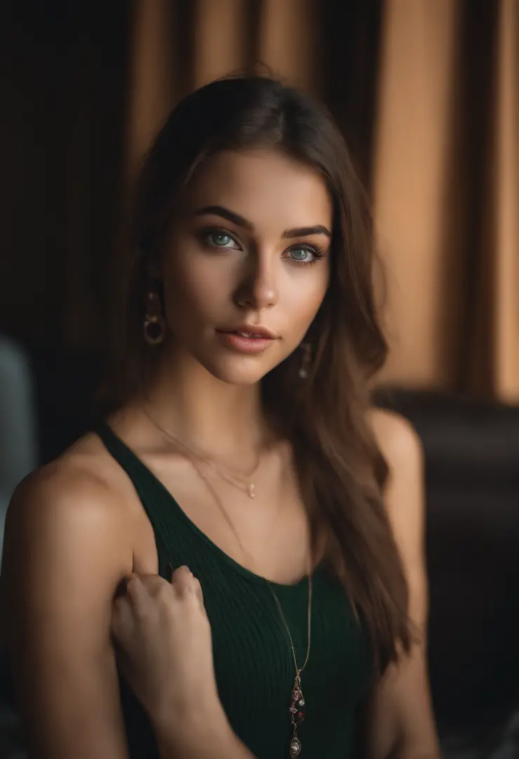 arafed woman with a white tank top and a necklace, sexy girl with green eyes, portrait sophie mudd, brown hair and large eyes, selfie of a young woman, bedroom eyes, violet myers, without makeup, natural makeup, looking directly at the camera, face with ar...