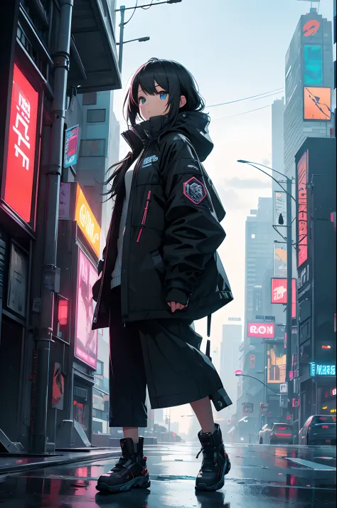 Futuristic cyberpunk cars、girl with、parka、ruins、early evening