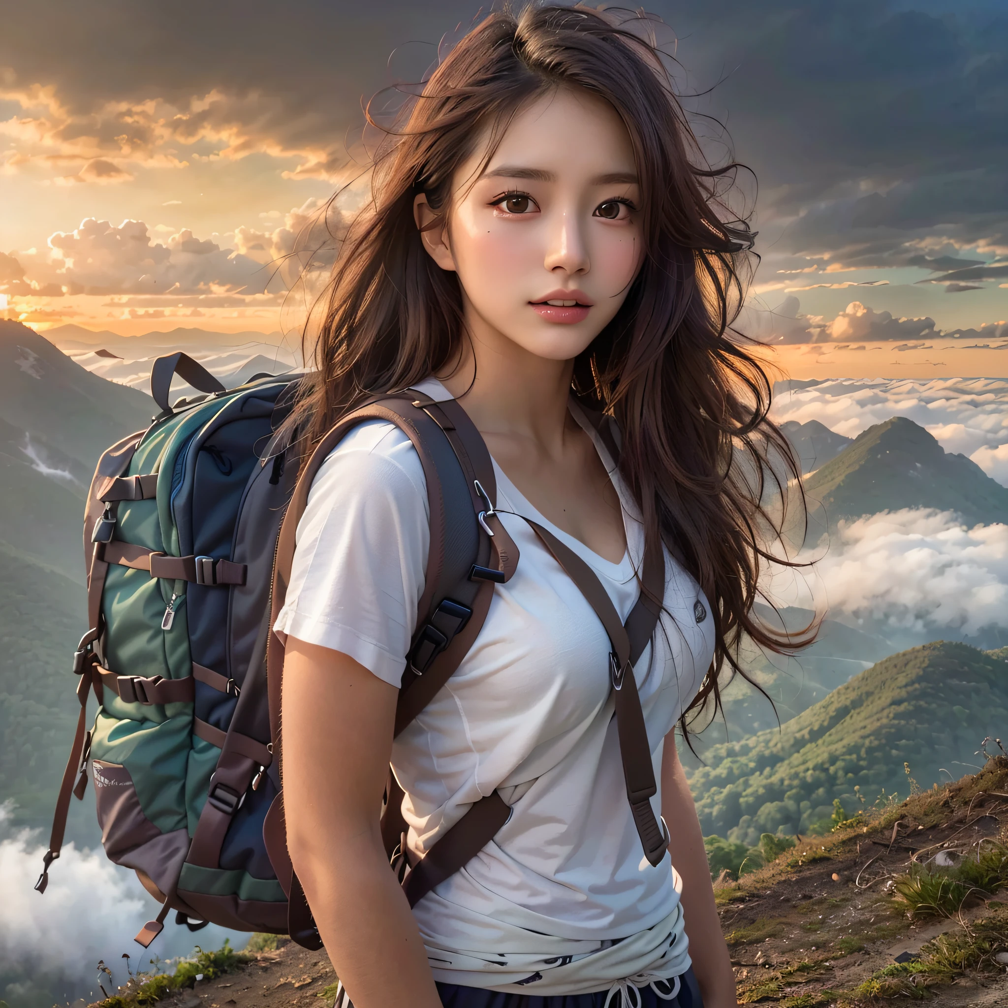 (Naturescape photography), (best quality), masterpiece:1.2, ultra high res, photorealistic:1.4, RAW photo, (Magnificent mountain, sea of clouds), (On a very high mountain peak), (sunset), (wideangle shot),  (Show cleavage:0.8),
(1girl), (Photo from the knee up:1.3), (18 years old), (smile:0.9), (shiny skin), (semi-long hair, dark brown hair), 
(Large white V-neck T-shirt, Trekking shorts), (Carrying a large backpack), 
(ultra detailed face), (ultra Beautiful fece), (ultra detailed eyes), (ultra detailed nose), (ultra detailed mouth), (ultra detailed arms), (ultra detailed body), pan focus, looking at the audience, (Show cleavage)