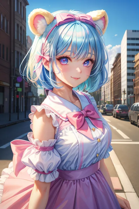 ​master piece, Best Quality, High resolution, Ultra-detailed, 1girl in, (pale blue hair,Pink eyes),  Fluffy animal ears, Looking at Viewer,Wear a short-sleeved T-shirt, skirt by the, Bangs, Short hair, Bow, Hair Bow, Light blue bow, A smile, ((Eye focus,Ch...
