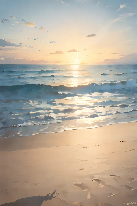 Sea, sand, waves, sunlight, feet standing on the sand, shadows, just the slightest glimpse of your feet.