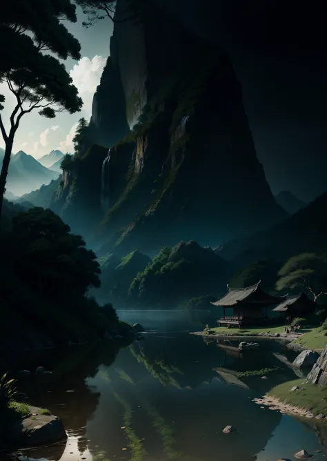 Chinese Antiquity、thatched hut、springtime、jungles、lakes、hole in the mountains、waterfallr，The tree、grassy fields、Rochas、hot onsen、hydrosphere、（illustratio：1.0）、Epic composition、Realistic lighting、high definition detail、tmasterpiece、Best quality