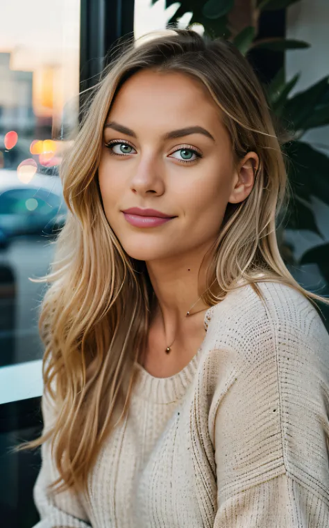 (Helena Lovista) photo of a stunning beautiful woman, 24 years old, perfect fit body, big green eyes, long messy windy blonde hair, green eyes, beautiful blonde wearing beige sweater (sipping coffee inside a modern café at sunset), very detailed, 24 years ...