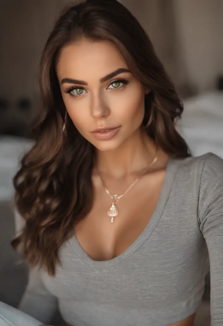 arafed woman with a white tank top and a necklace, sexy girl with green eyes, portrait sophie mudd, brown hair and large eyes, s...