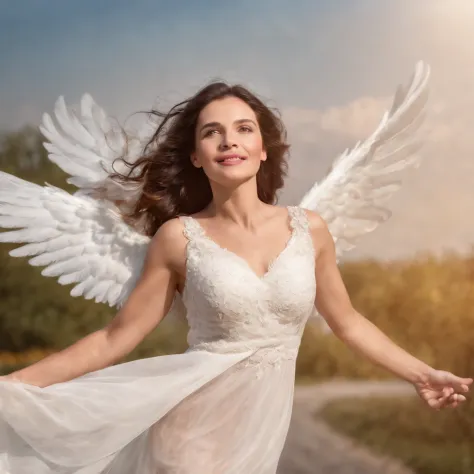 woman having wings . flying in the sky .