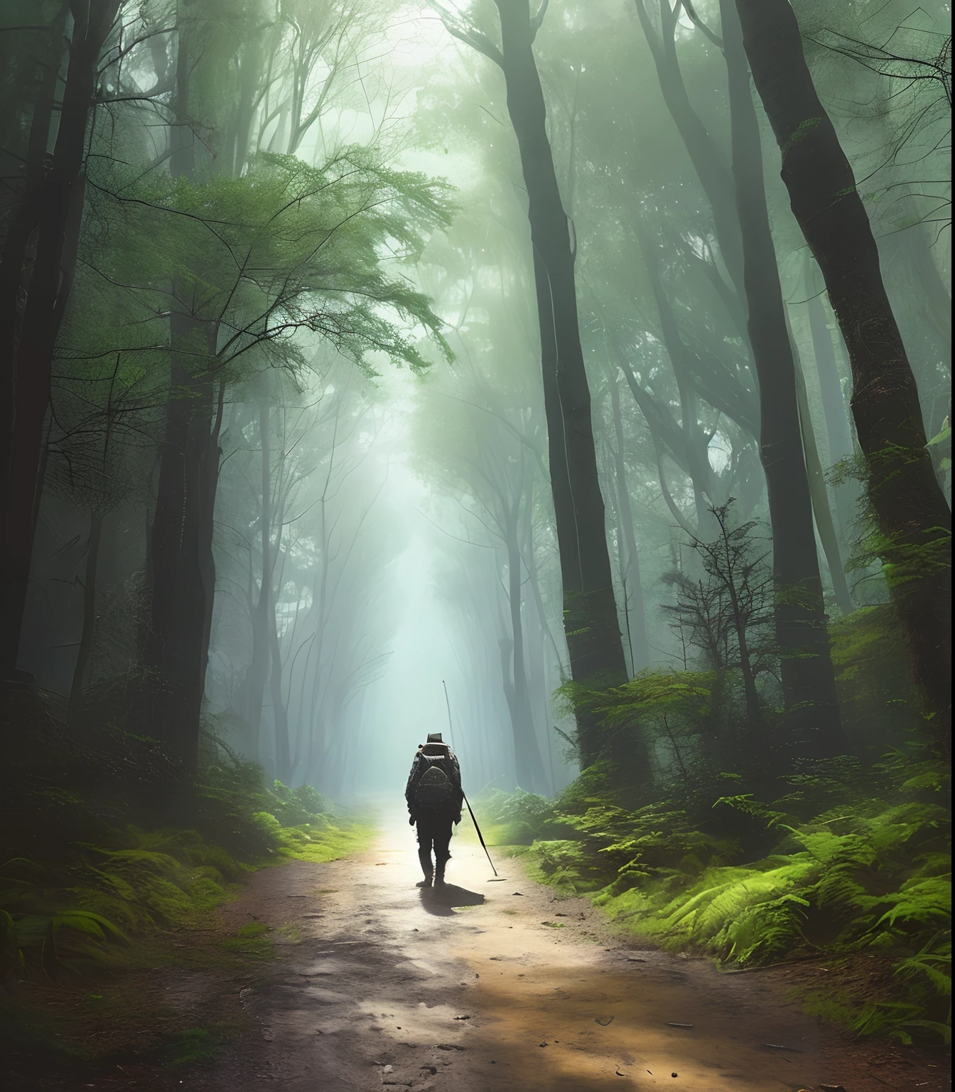 (masterpiece) RAW highly detailed, a man with a post-apocalyptic dog with a backpack is walking down a clear alley in a leafy and long forest, at the end of the way a strong white light shaped ball, hassanfantasy style, by Jeremy Mann and Donato Giancola ultra realistic highly detailed intricate photorealistic