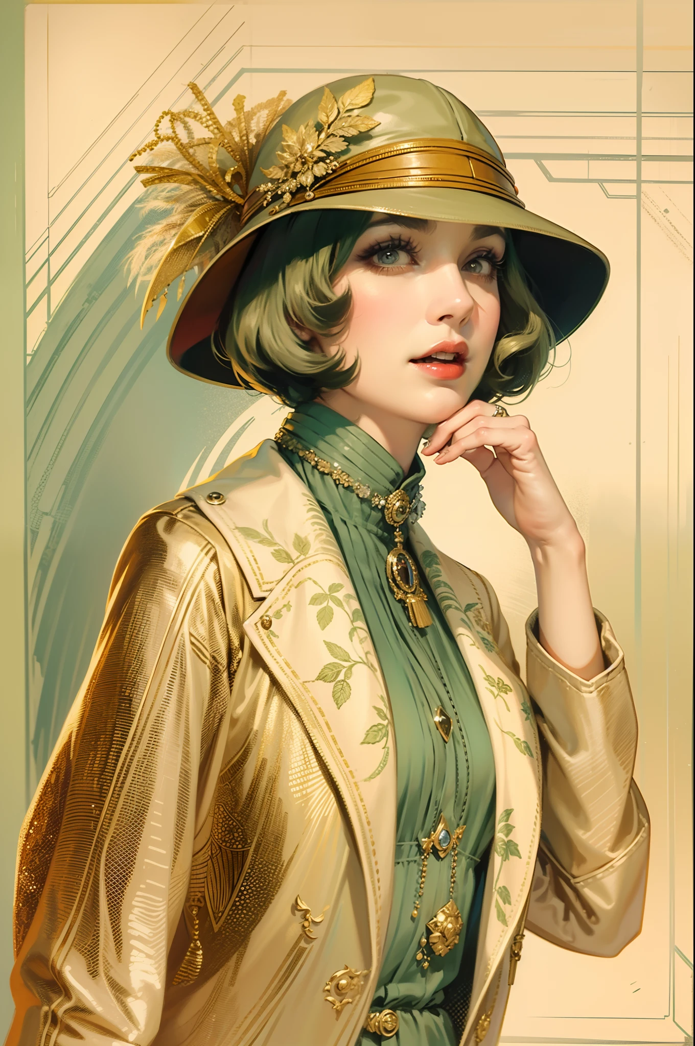 Ilustración de época，Hermosa mujer con chaqueta vintage y tacones altos, temperamento extraordinario, estilo de moda de los años 20, Campana vintage al estilo de los años 20