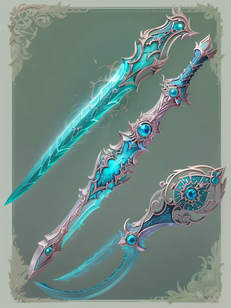 Concept art, Fantasy Elven Sword, twisted, Decorated, ornate patterns, Weaving handle, The blade is made of blue luminous mineral crystal, Trimmed with silver, subject, 1weapon