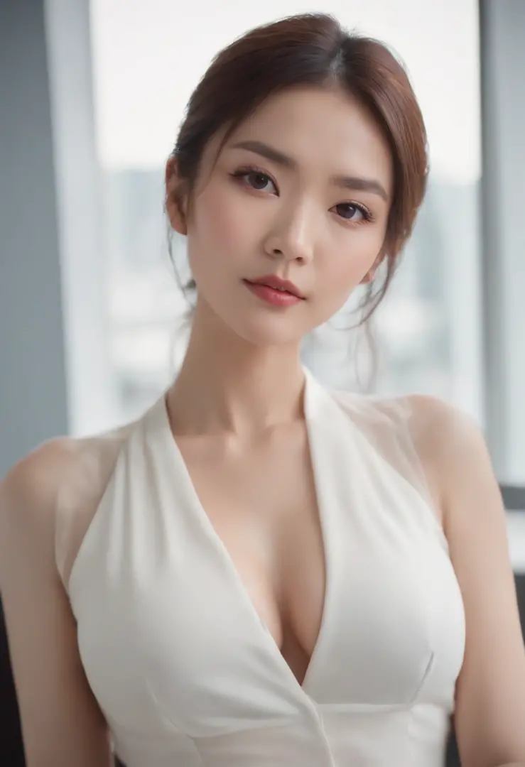 White asian beautiful girl with medium big breast using office clothes. Big  cleavage, show half nipples. - SeaArt AI