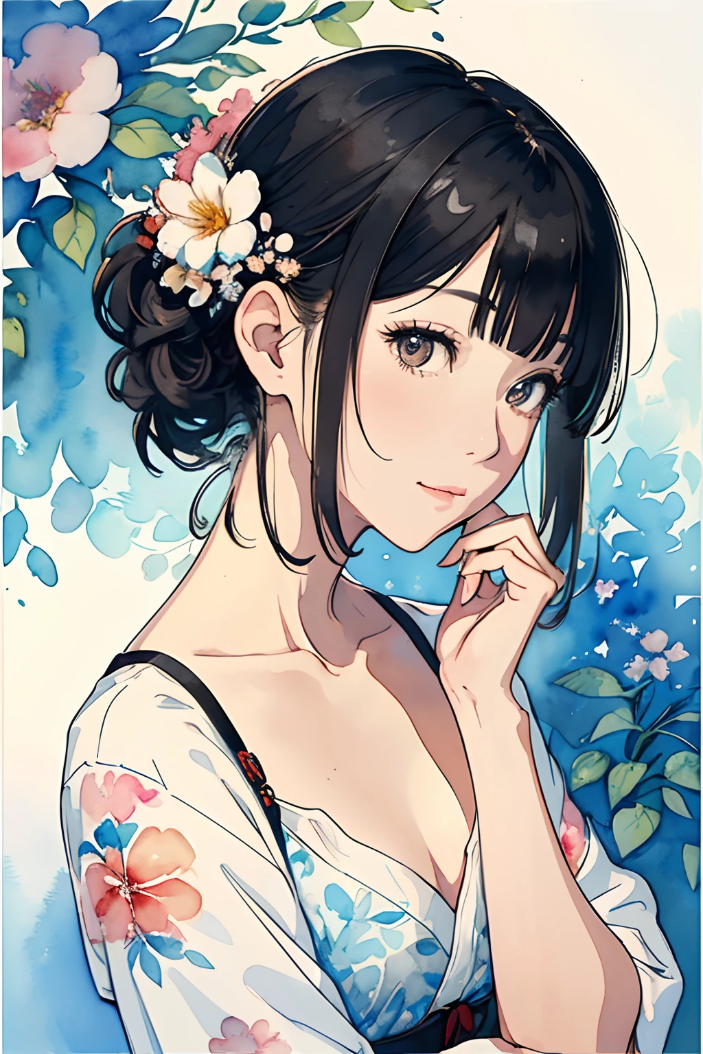 (watercolor paiting:1.2),1girl in,solo,florals,portlate, (front-facing view), A darK-haired, Floral hair ornament, Middle chest,(Beautiful Detail Eye: 1.1), (Detailed hand), (Detail light: 1.1), Film Light
