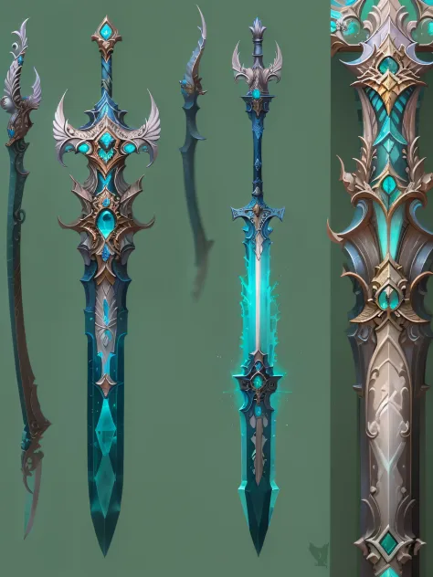 Concept art, 1 Fantasy Elven Sword, twisted, Decorated, ornate patterns, Weaving handle, 1 The blade is made of blue luminous mineral crystal, Trimmed with silver, 1weapon