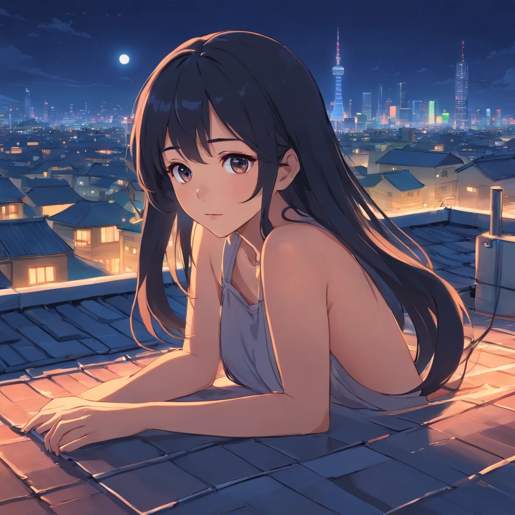 1024px x 1024px - Anime girl laying on roof looking at city at night - SeaArt AI