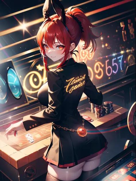 (Goddess of Luck:1.3),(Black tights and skirt:1.3),(Cat's ears:1.3),(Bright red hair ponytail with details:1.7),(Pupil Focus:1.3...