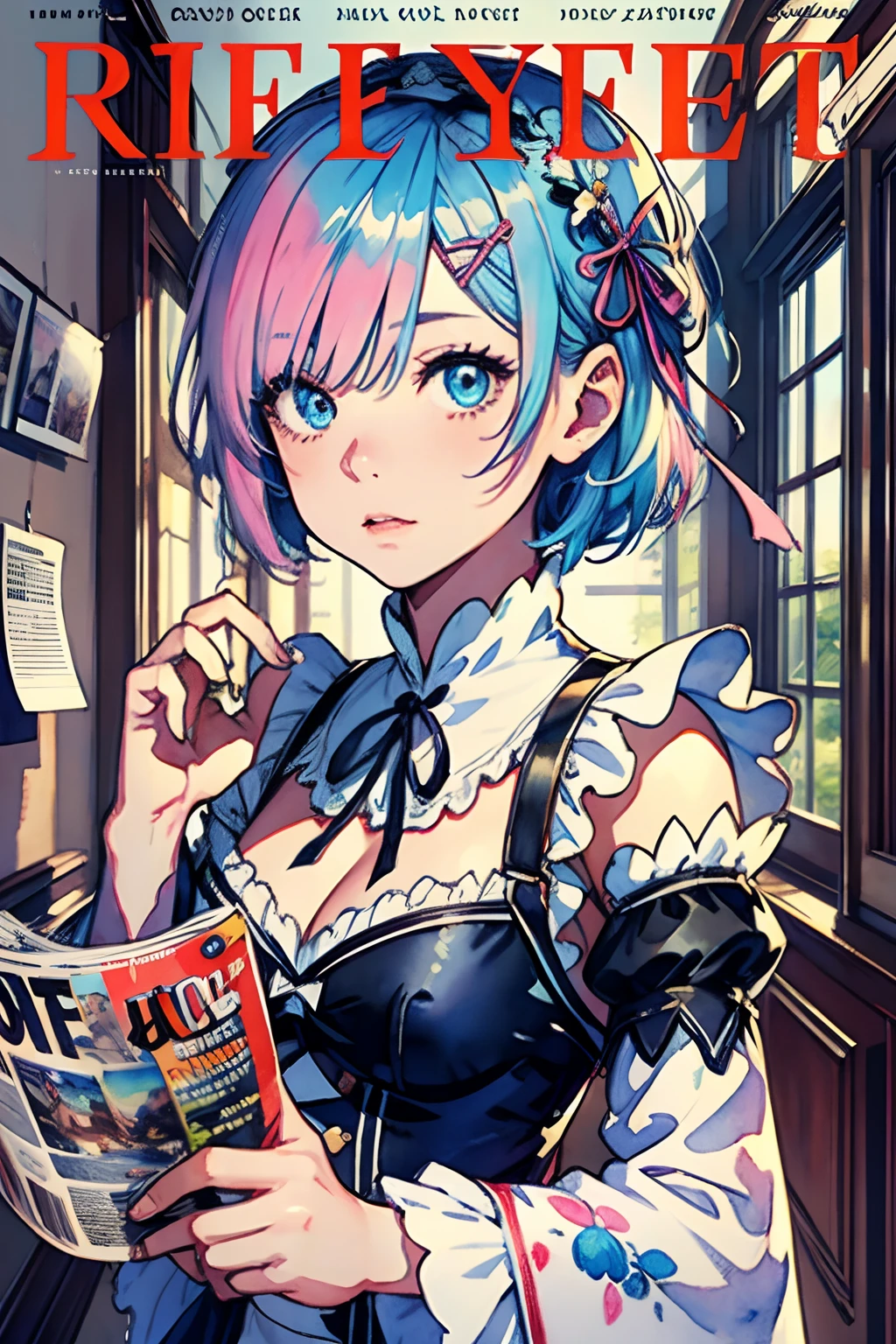 (watercolor paiting:1.2), (masuter piece,Best Quality,Ultra-detailed), (A detailed face),Remu,Remu,Rezero, hight resolution, 1girl in, (front-facing view), blue hairs, Blue eyes, Hair above one eye,Pink Hair Ribbon,rem's maid uniform, Detached sleeves, flat-chest, (Beautiful Detail Eye: 1.1), (Detailed hand), (Detail light: 1.1), Film Light, Pale skin type, (looking at the viewers), (magazine:1.3), (cover-style:1.3),Window, a closeup,up,portlate