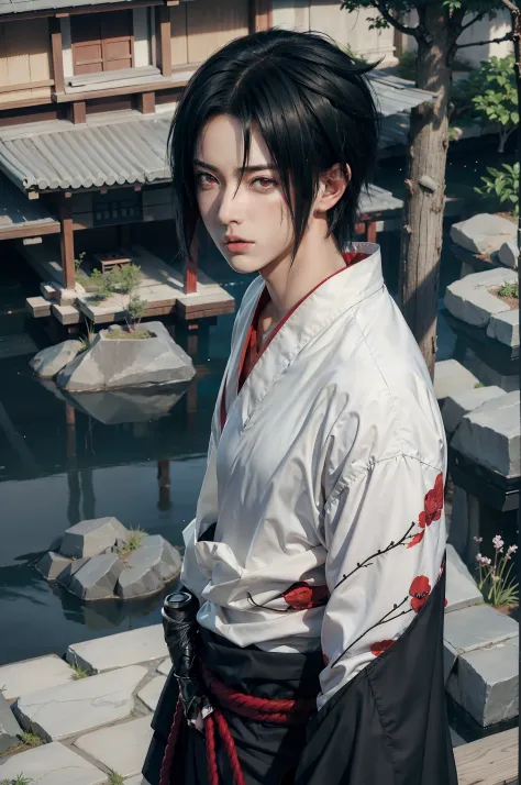 1man, uchiha sasuke in anime naruto, short hair , black hair, red eyes, handsome, black clothes, realistic clothes, detail cloth...